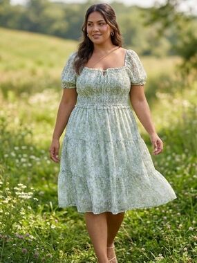 Simple Sage Green Floral Midi Dress with Puff Sleeves